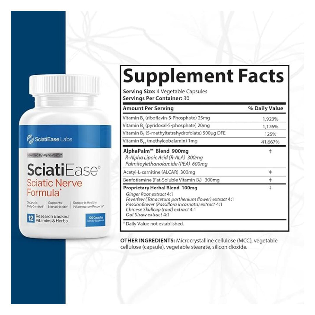 Sciatic Nerve Health Support Supplement - Nerve Support Formula with AlphaPalm, Pea, Vitamin B Complex, Alpha Lipoic Acid 300mg - 120 Capsules